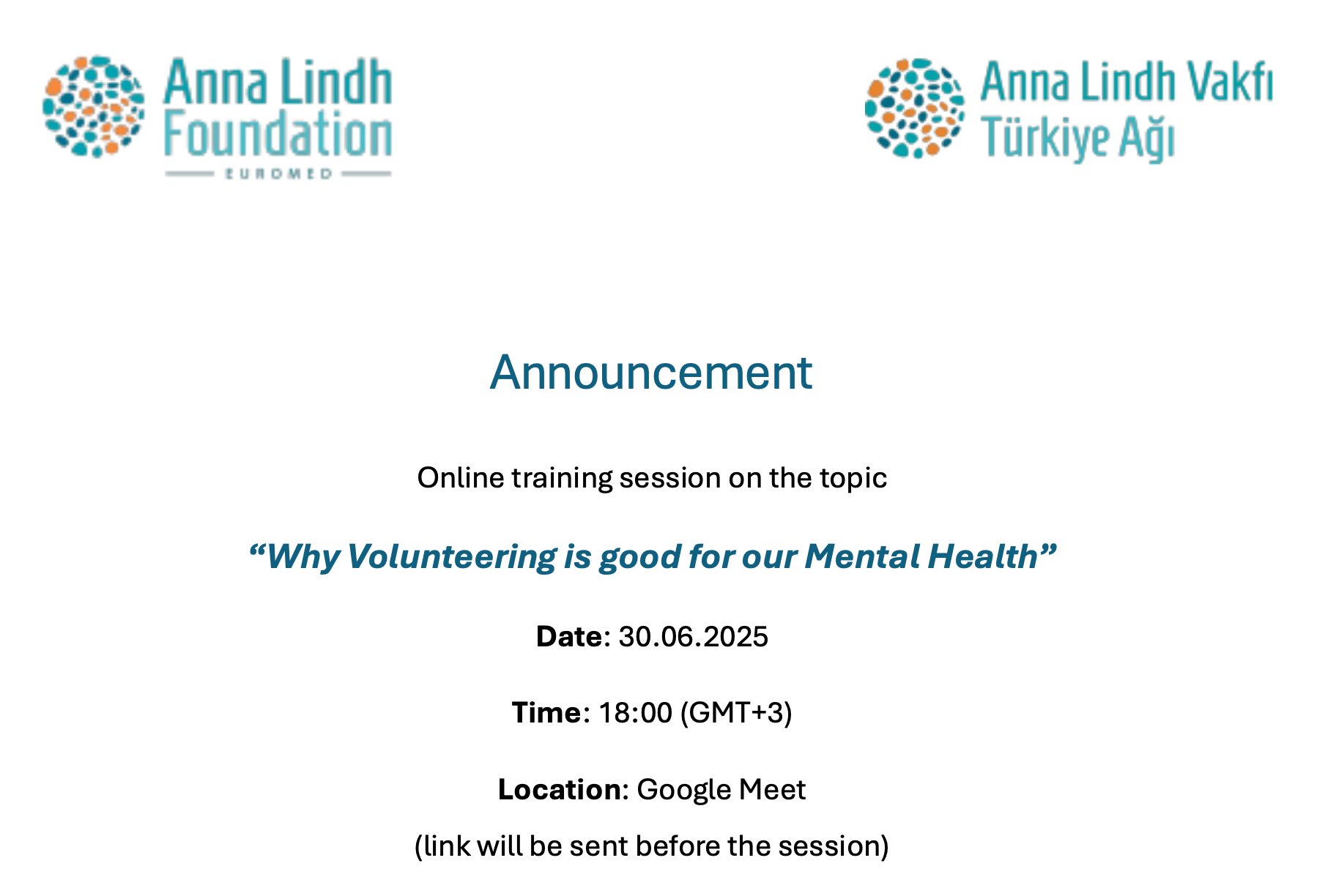 Announcement: Join our Online Training Course "Why Volunteering is Good for our Mental Health" 